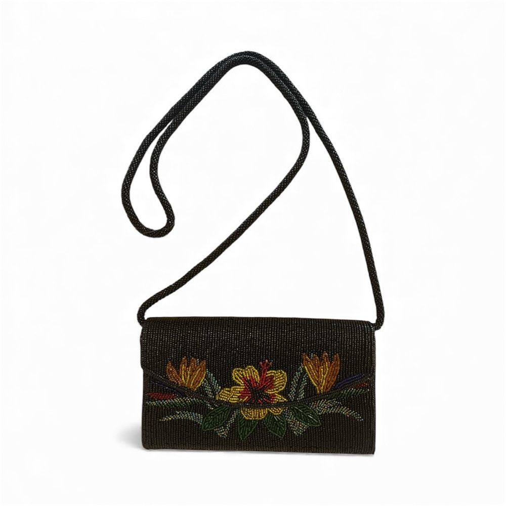 VINTAGE Beaded Floral Black Crossbody Bag